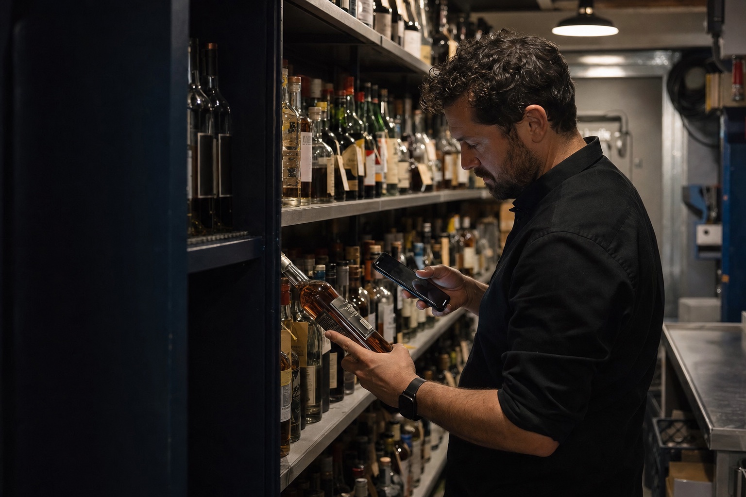 Restaurant operator counting a bottle with a phone in a back-bar storeroom