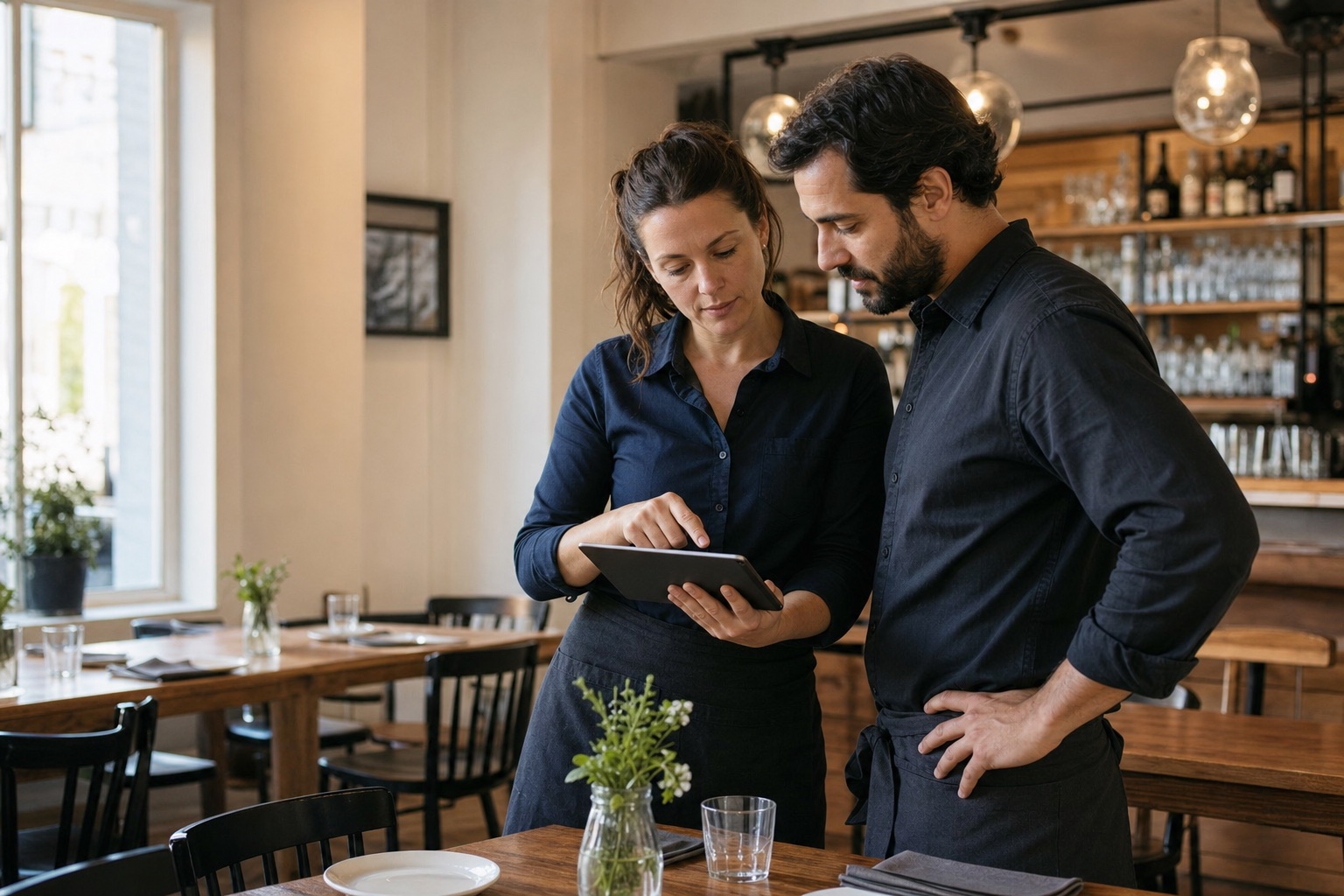 Restaurant operator and owner reviewing a report together on a tablet