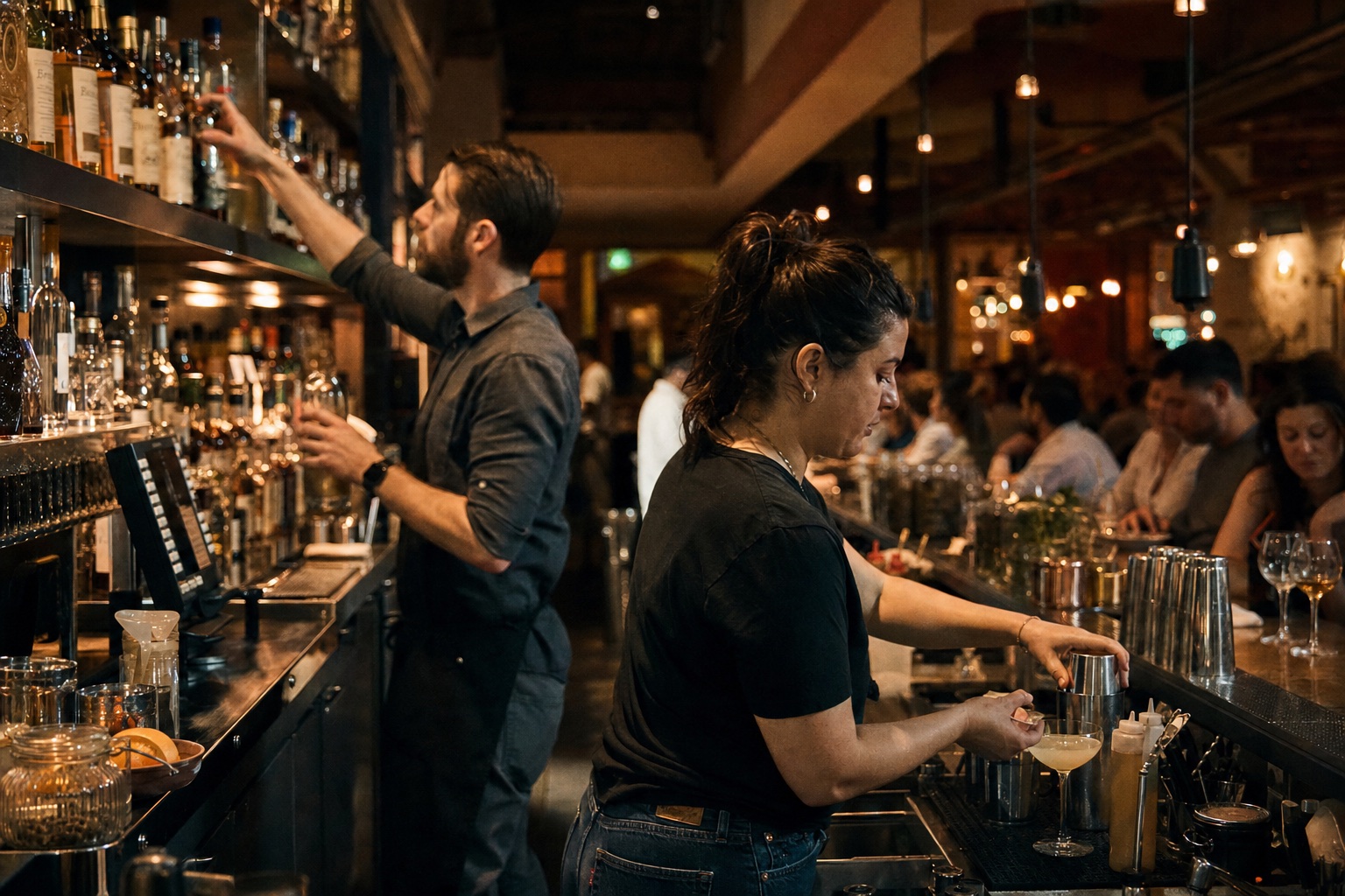 Two bartenders working through a busy restaurant service